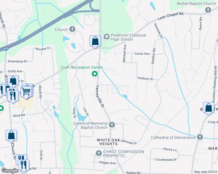 map of restaurants, bars, coffee shops, grocery stores, and more near 126 Silhouette Drive in Greensboro