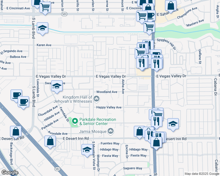 map of restaurants, bars, coffee shops, grocery stores, and more near 4691 Woodland Avenue in Las Vegas