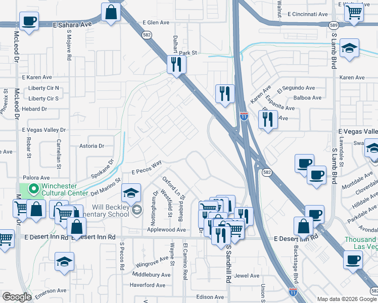 map of restaurants, bars, coffee shops, grocery stores, and more near 566 Greenbriar Townhouse Way in Las Vegas