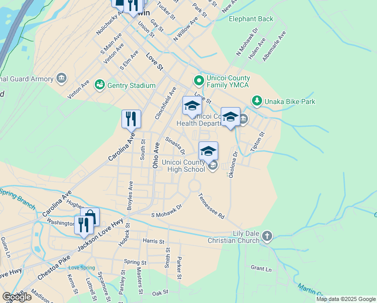 map of restaurants, bars, coffee shops, grocery stores, and more near 605 Sinasta Drive in Erwin