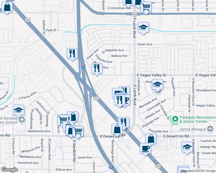 map of restaurants, bars, coffee shops, grocery stores, and more near 3000 South Sandhill Road in Las Vegas