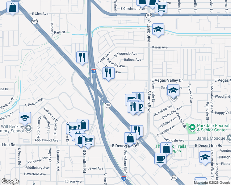 map of restaurants, bars, coffee shops, grocery stores, and more near 3000 South Sandhill Road in Las Vegas