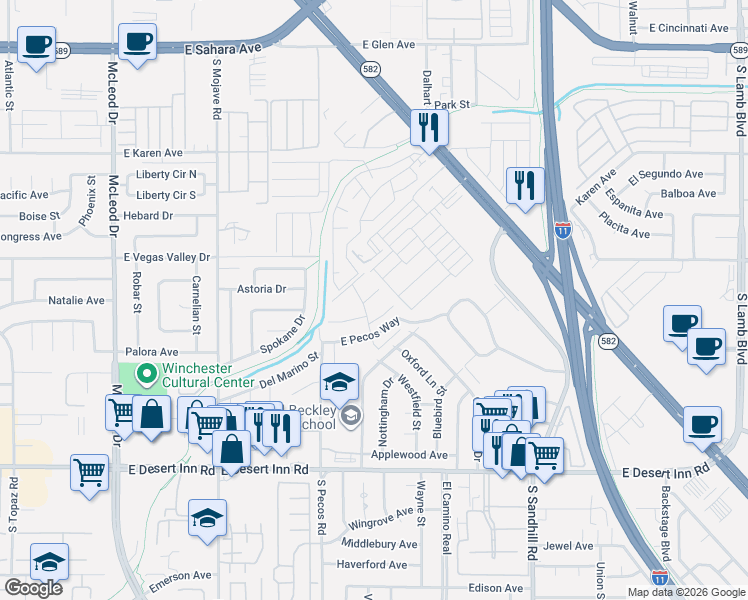 map of restaurants, bars, coffee shops, grocery stores, and more near 418 East Pecos Way in Las Vegas