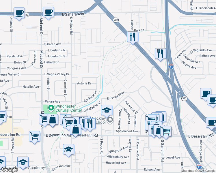 map of restaurants, bars, coffee shops, grocery stores, and more near 3470 Don Miguel Drive in Las Vegas