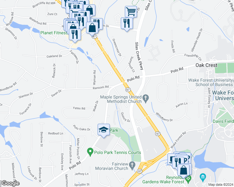 map of restaurants, bars, coffee shops, grocery stores, and more near 1718 Polo Road in Winston-Salem