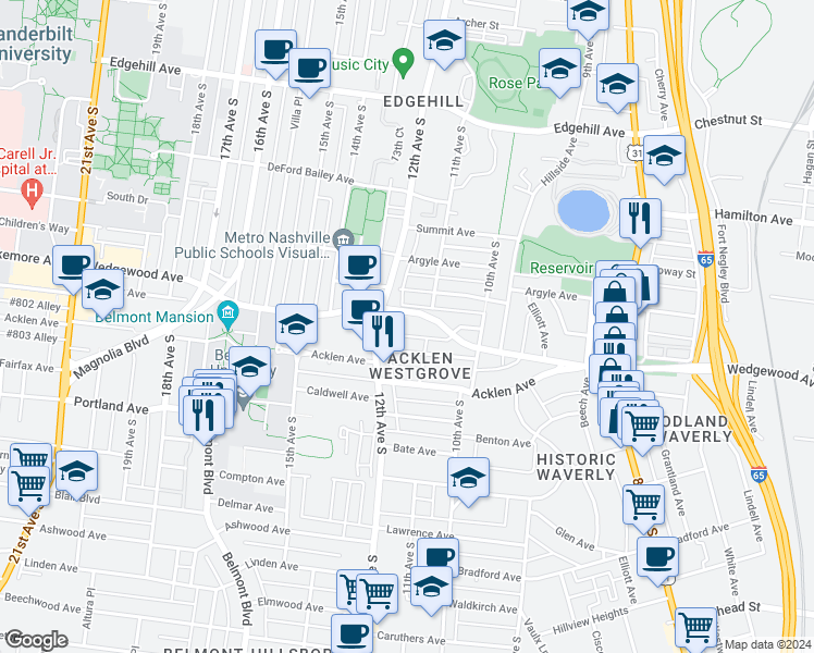 map of restaurants, bars, coffee shops, grocery stores, and more near 1100A West Grove Avenue in Nashville