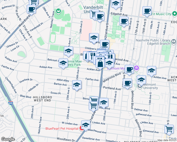 map of restaurants, bars, coffee shops, grocery stores, and more near 2115 Fairfax Avenue in Nashville