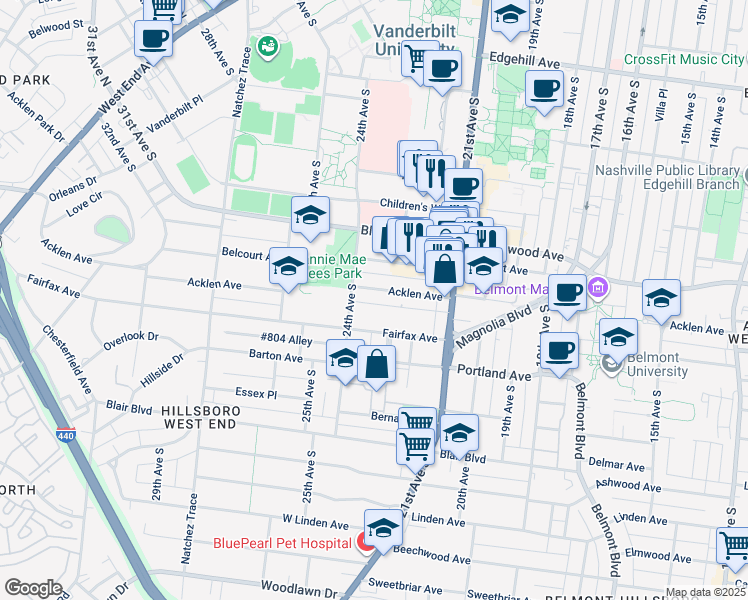 map of restaurants, bars, coffee shops, grocery stores, and more near 2144 Fairfax Avenue in Nashville