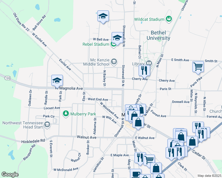 map of restaurants, bars, coffee shops, grocery stores, and more near 49 West Montgomery Avenue in McKenzie