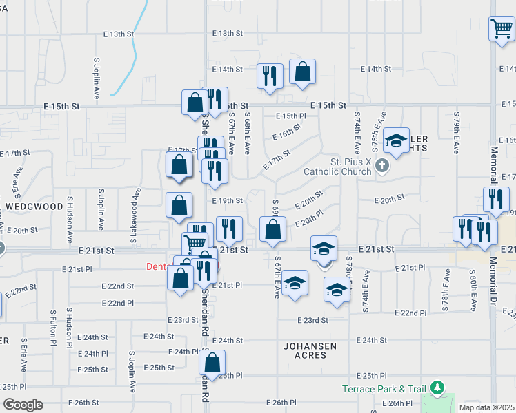 map of restaurants, bars, coffee shops, grocery stores, and more near 1937 South 68th East Avenue in Tulsa