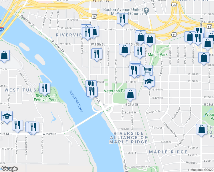 map of restaurants, bars, coffee shops, grocery stores, and more near 1840 South Boulder Avenue in Tulsa