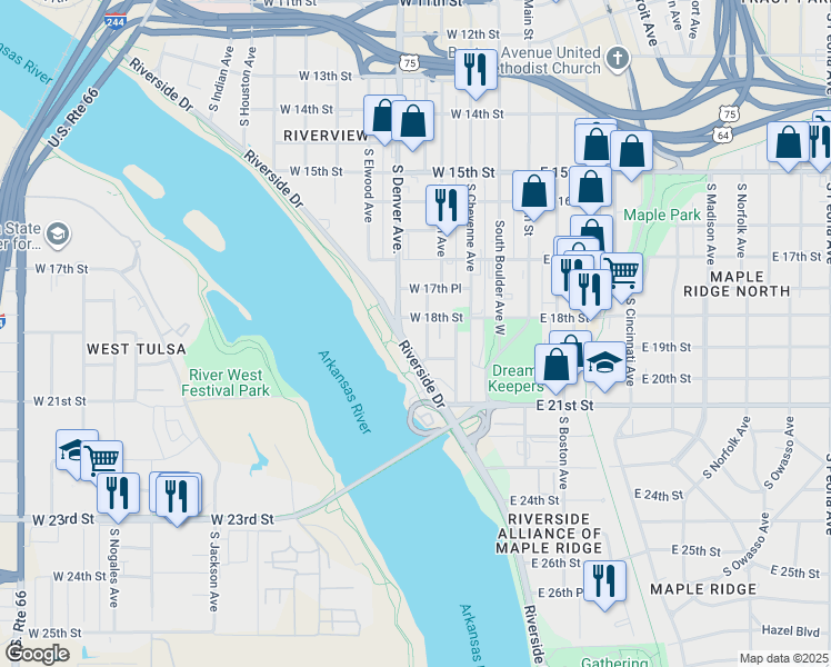map of restaurants, bars, coffee shops, grocery stores, and more near 213 West 19th Street in Tulsa