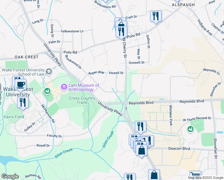 map of restaurants, bars, coffee shops, grocery stores, and more near 1232 Brookwood Drive in Winston-Salem