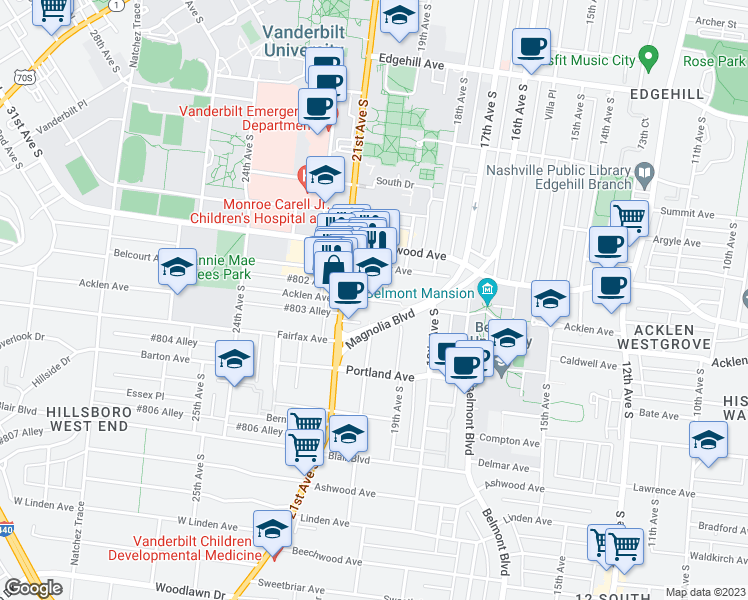 map of restaurants, bars, coffee shops, grocery stores, and more near Acklen Avenue in Nashville