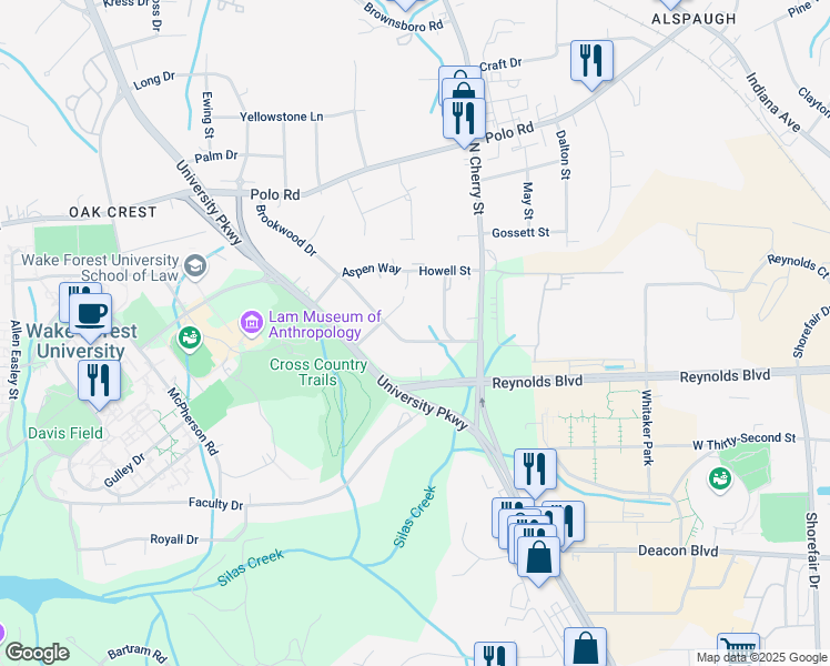 map of restaurants, bars, coffee shops, grocery stores, and more near 1223 Brookwood Drive in Winston-Salem