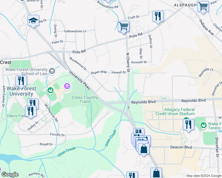 map of restaurants, bars, coffee shops, grocery stores, and more near 1223 Brookwood Drive in Winston-Salem