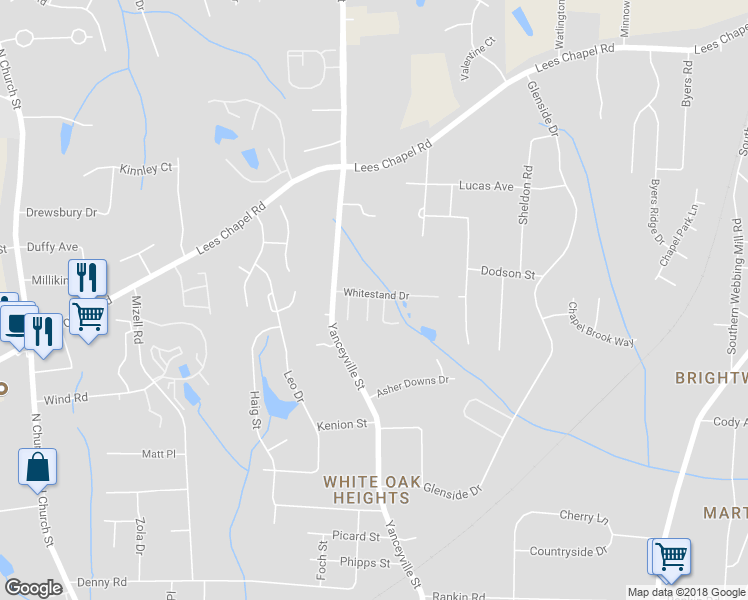 map of restaurants, bars, coffee shops, grocery stores, and more near 128 Silhouette Drive in Greensboro