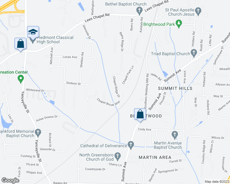 map of restaurants, bars, coffee shops, grocery stores, and more near 4513 Chapel Ridge Drive in Greensboro