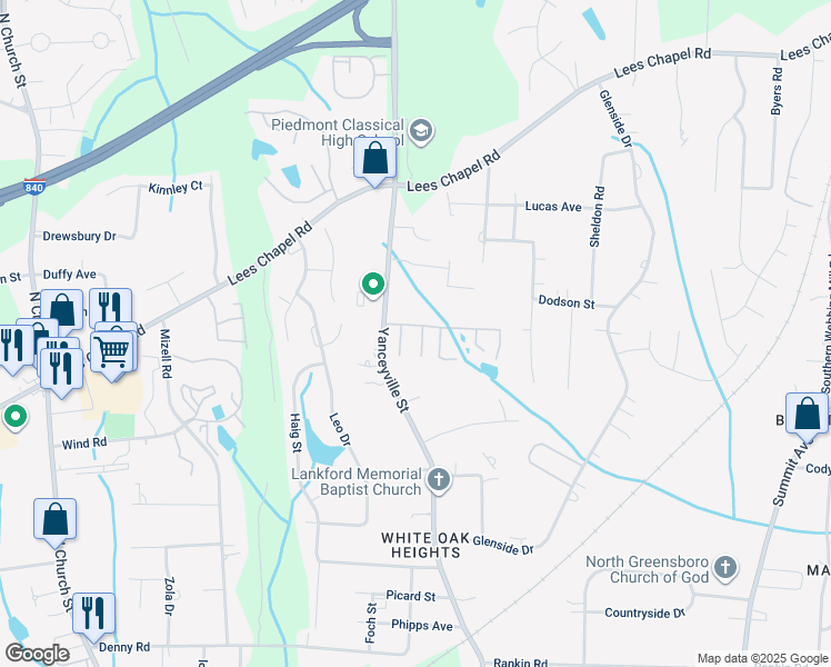 map of restaurants, bars, coffee shops, grocery stores, and more near 123 Silhouette Drive in Greensboro