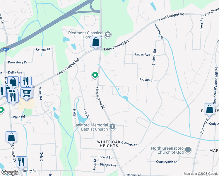 map of restaurants, bars, coffee shops, grocery stores, and more near 128 Silhouette Drive in Greensboro