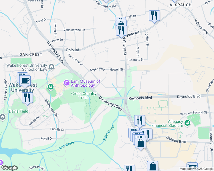 map of restaurants, bars, coffee shops, grocery stores, and more near 1232 Brookwood Drive in Winston-Salem