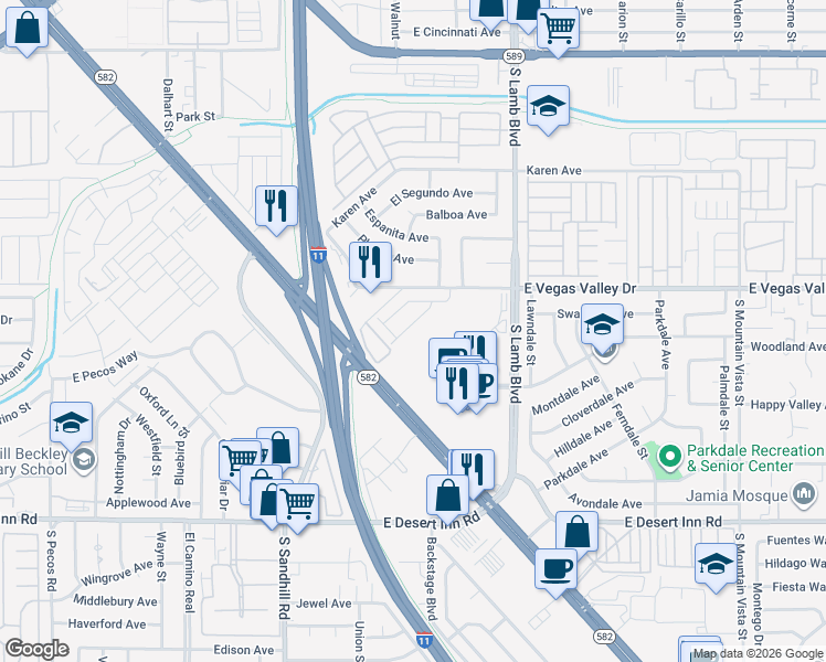 map of restaurants, bars, coffee shops, grocery stores, and more near 3000 South Sandhill Road in Las Vegas