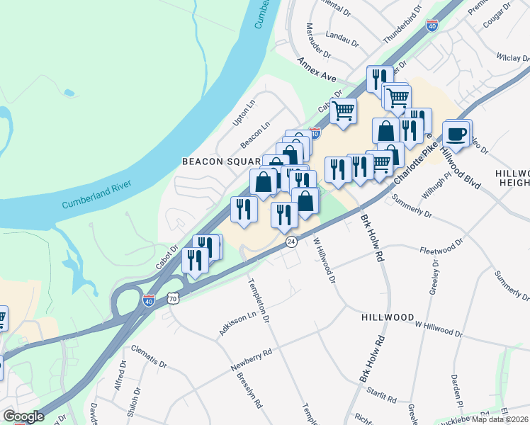 map of restaurants, bars, coffee shops, grocery stores, and more near 6716 Charlotte Pike in Nashville
