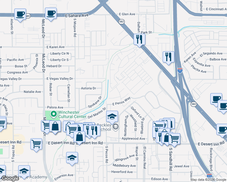 map of restaurants, bars, coffee shops, grocery stores, and more near 3441 Del Marino Drive in Las Vegas