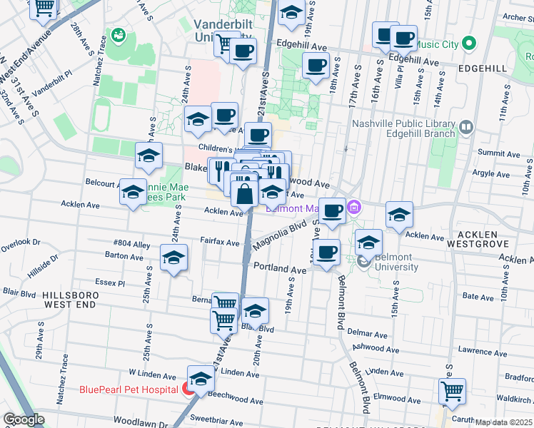 map of restaurants, bars, coffee shops, grocery stores, and more near Bedford Avenue in Nashville