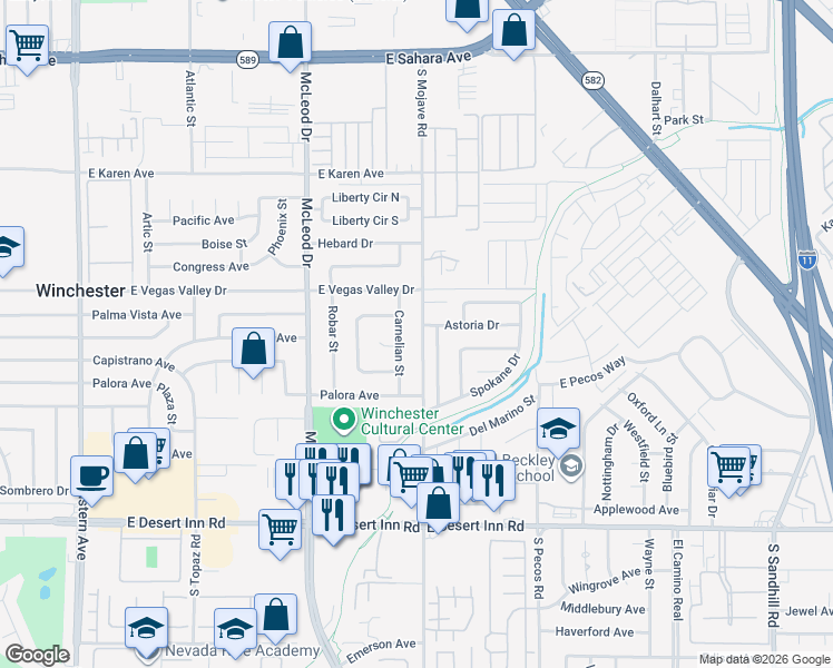 map of restaurants, bars, coffee shops, grocery stores, and more near 2979 South Mojave Road in Las Vegas