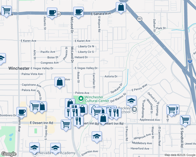 map of restaurants, bars, coffee shops, grocery stores, and more near 2979 South Mojave Road in Las Vegas