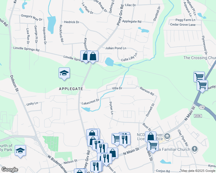 map of restaurants, bars, coffee shops, grocery stores, and more near 500 Lakecrest Drive in Kernersville