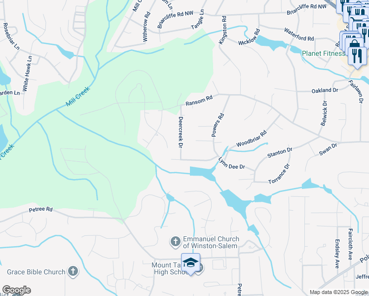 map of restaurants, bars, coffee shops, grocery stores, and more near 2511 Deercreek Drive in Winston-Salem