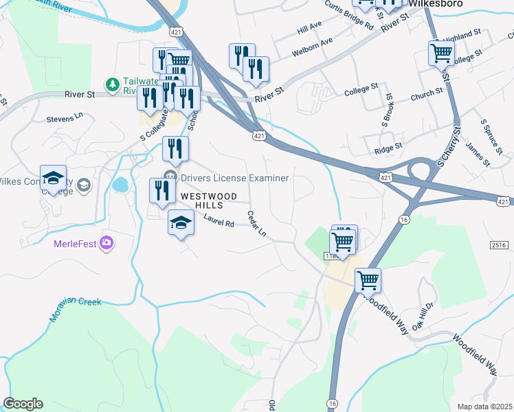 map of restaurants, bars, coffee shops, grocery stores, and more near 1502 Laurel Road in Wilkesboro