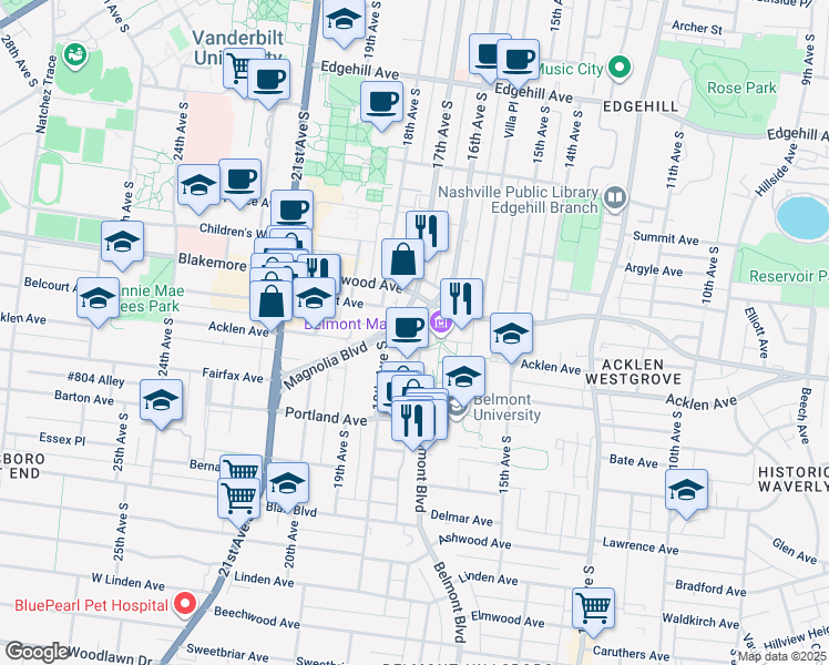 map of restaurants, bars, coffee shops, grocery stores, and more near 1907 Belmont Boulevard in Nashville