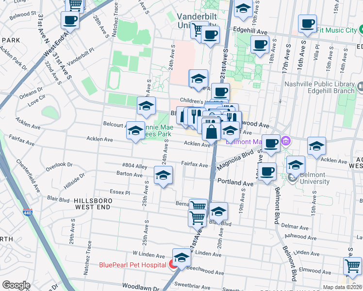 map of restaurants, bars, coffee shops, grocery stores, and more near 2115 Fairfax Avenue in Nashville