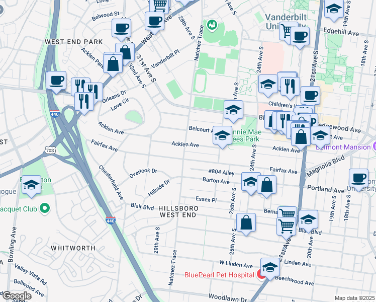 map of restaurants, bars, coffee shops, grocery stores, and more near 2000 Natchez Trace in Nashville