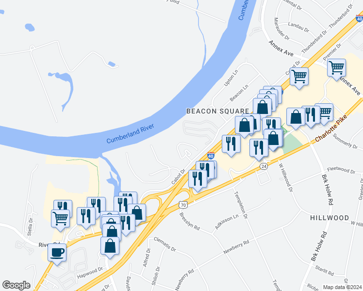 map of restaurants, bars, coffee shops, grocery stores, and more near 7222 Cabot Drive in Nashville