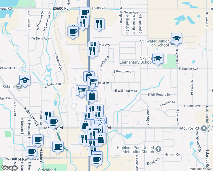 map of restaurants, bars, coffee shops, grocery stores, and more near 1302 North Benjamin Street in Stillwater