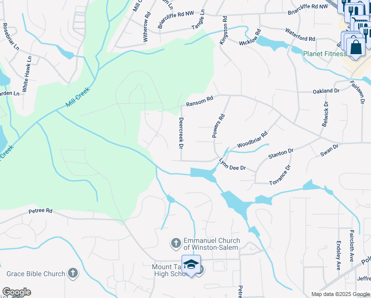 map of restaurants, bars, coffee shops, grocery stores, and more near 2511 Deercreek Drive in Winston-Salem