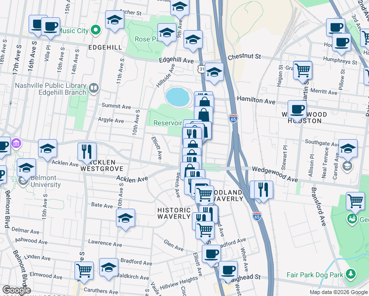map of restaurants, bars, coffee shops, grocery stores, and more near 1901 8th Avenue South in Nashville