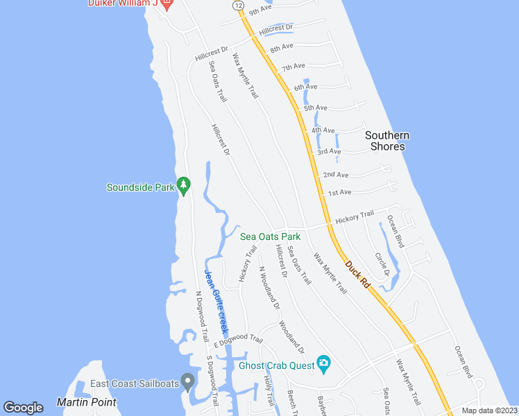 map of restaurants, bars, coffee shops, grocery stores, and more near 267 Hillcrest Drive in Kitty Hawk