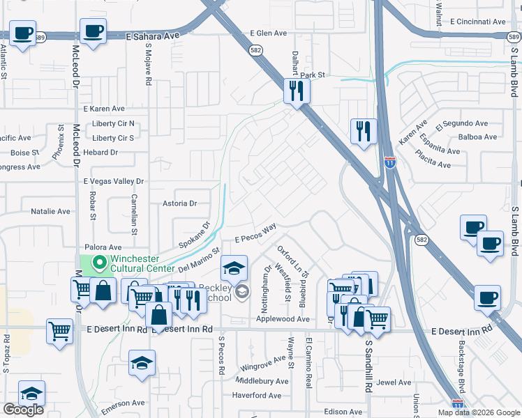 map of restaurants, bars, coffee shops, grocery stores, and more near 418 East Pecos Way in Las Vegas