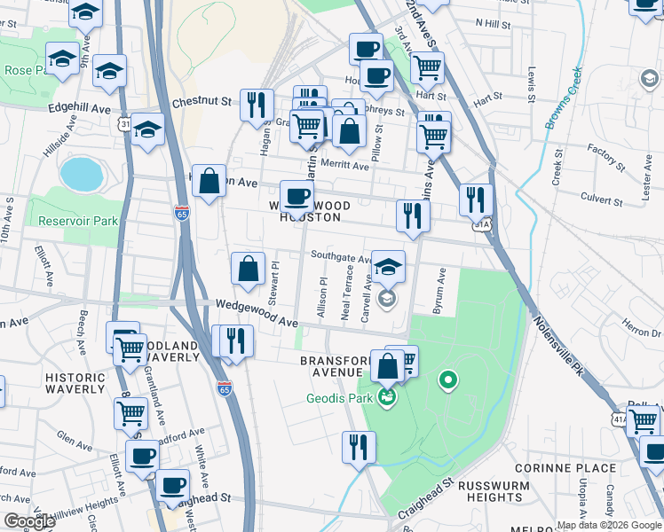 map of restaurants, bars, coffee shops, grocery stores, and more near 1714C Allison Place in Nashville