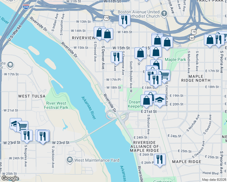 map of restaurants, bars, coffee shops, grocery stores, and more near 213 West 19th Street in Tulsa