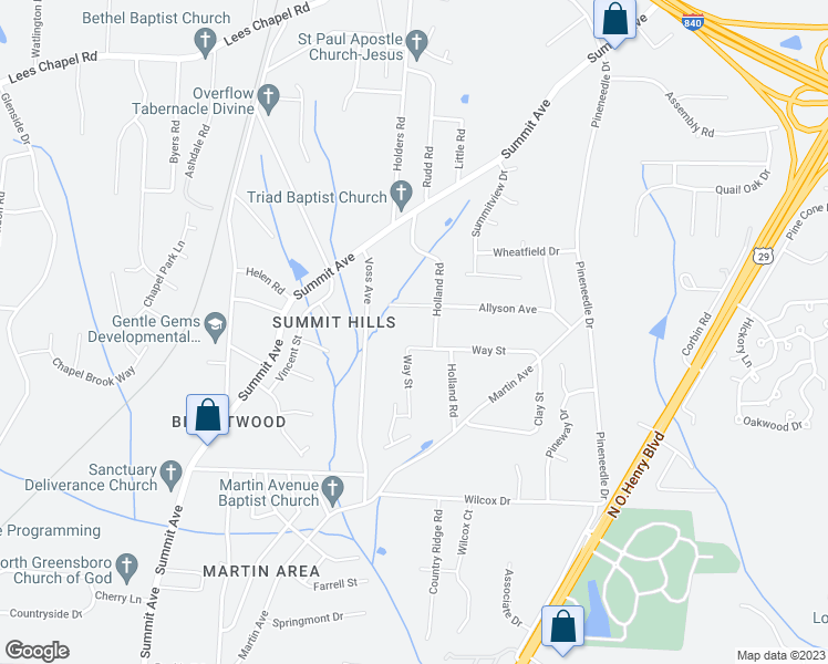 map of restaurants, bars, coffee shops, grocery stores, and more near 1801 Way Street in Greensboro