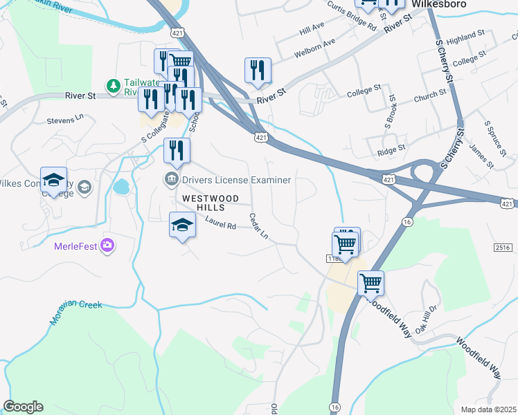map of restaurants, bars, coffee shops, grocery stores, and more near 1502 Laurel Road in Wilkesboro