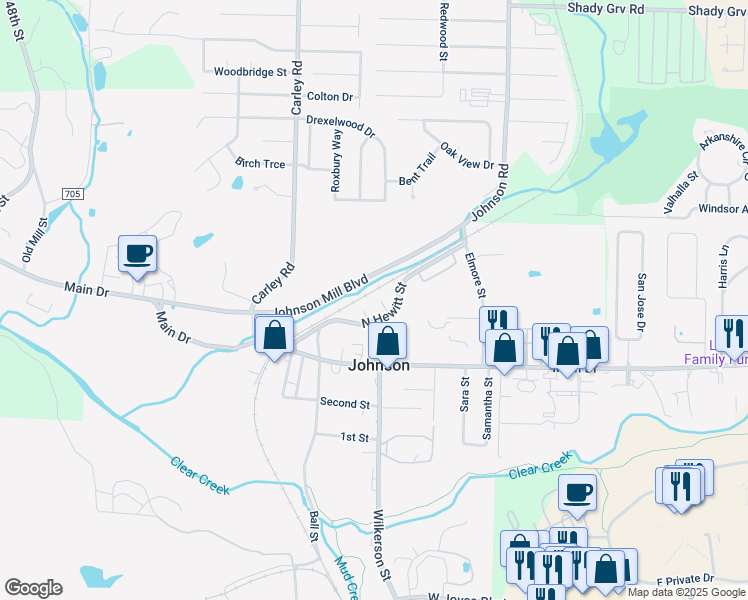 map of restaurants, bars, coffee shops, grocery stores, and more near 5513 Staci Place in Springdale