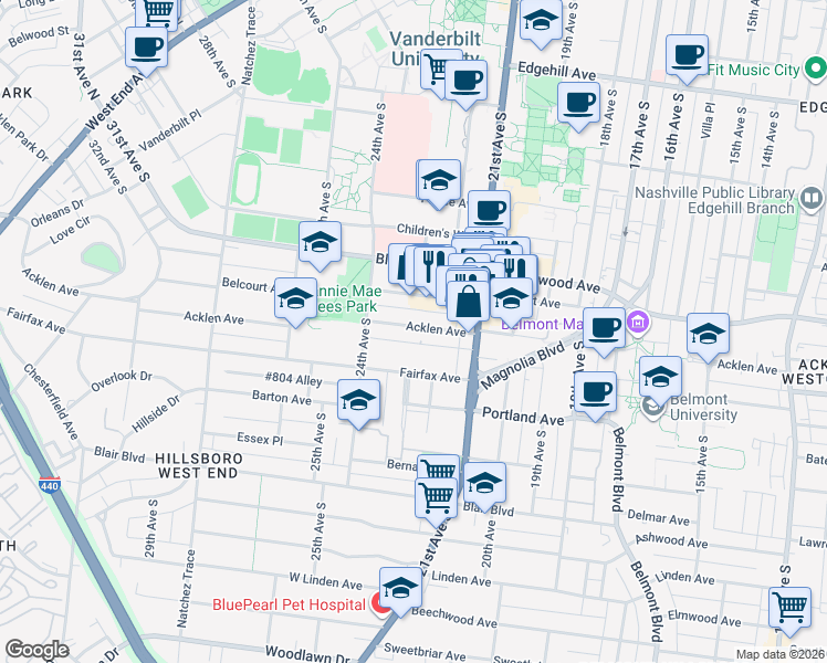 map of restaurants, bars, coffee shops, grocery stores, and more near 2115 Fairfax Avenue in Nashville