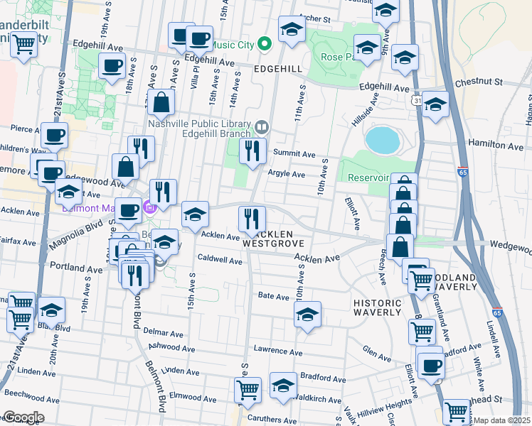 map of restaurants, bars, coffee shops, grocery stores, and more near 1195 Wedgewood Avenue in Nashville